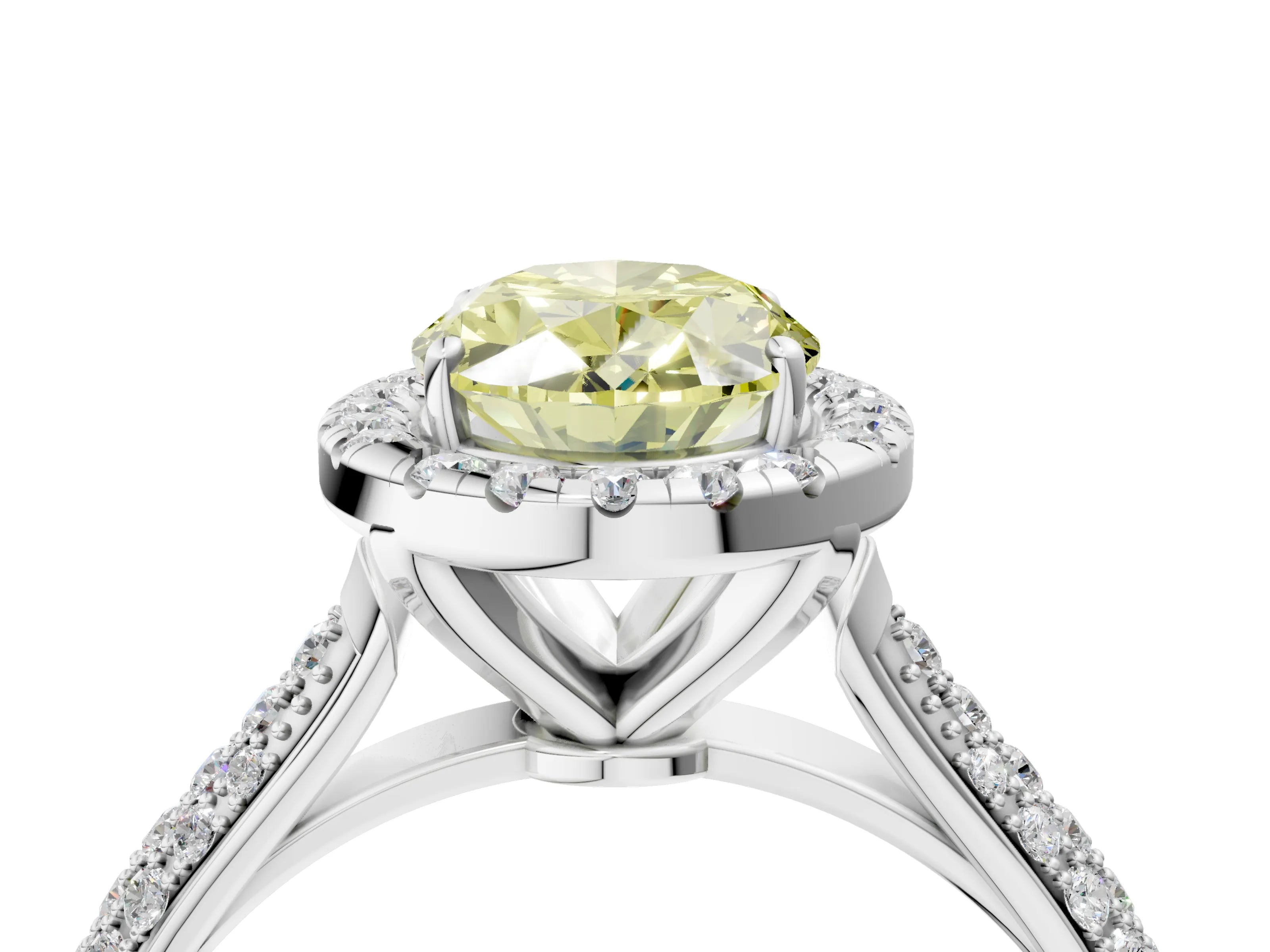 White gold Fancy Yellow Oval Cut Halo Diamond Ring with Pavé Band_4
