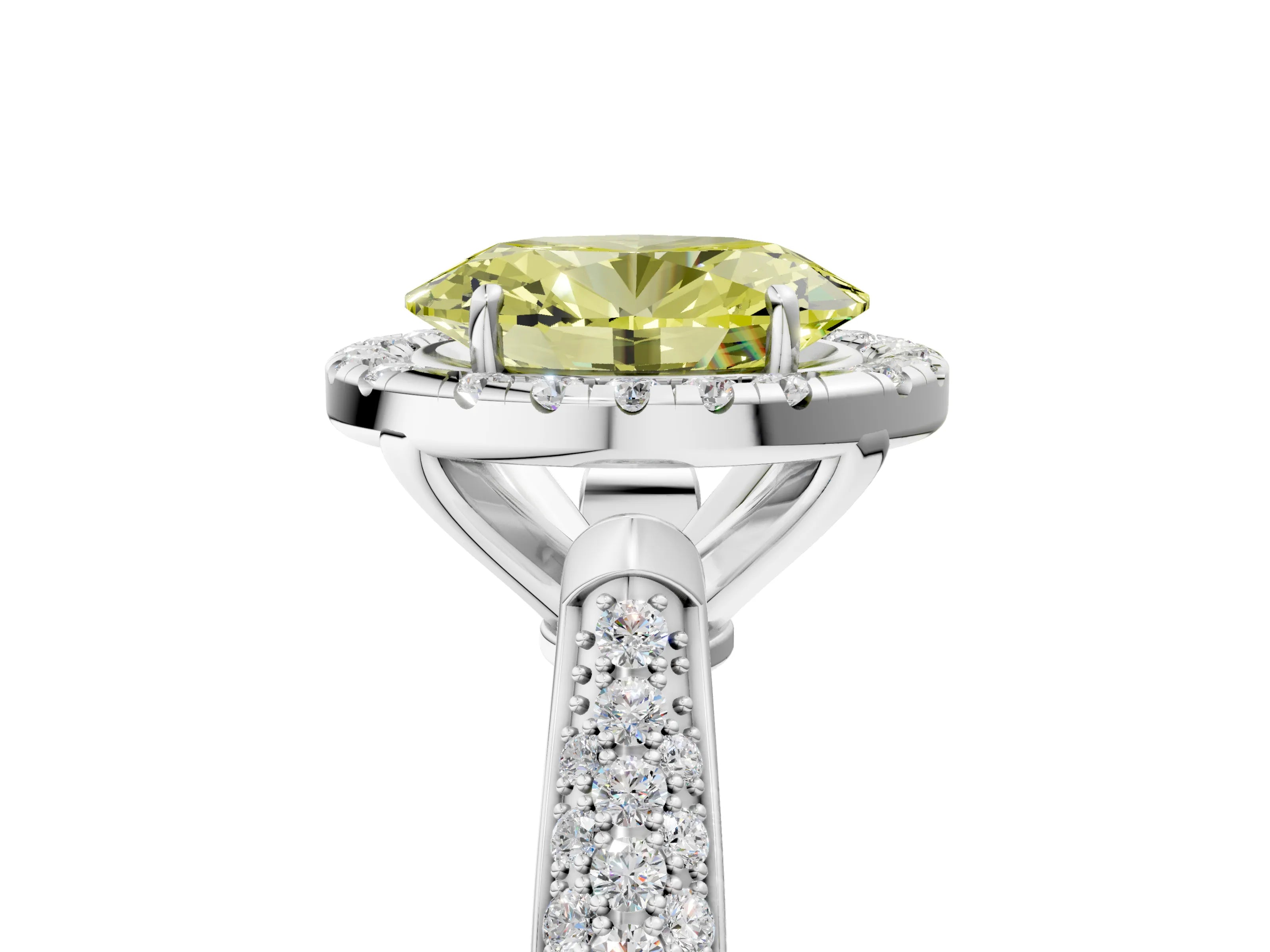 White gold Fancy Yellow Oval Cut Halo Diamond Ring with Pavé Band_5