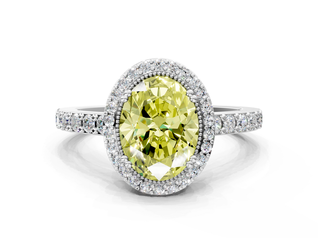 White gold Fancy Yellow Oval  Cut Halo Diamond Ring with Pave Band and Four-Prong Setting_23