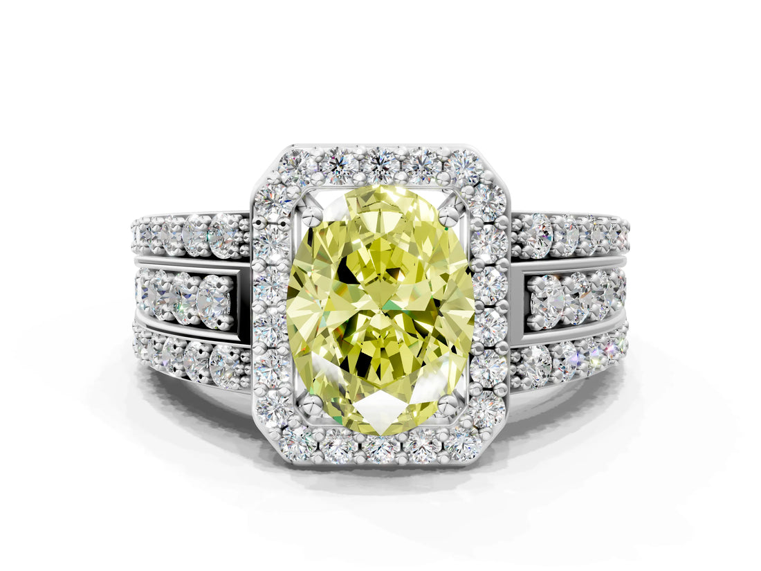 White gold Fancy Yellow Oval Cut Halo Diamond Ring with Round  Split Shank and Prong Setting_108