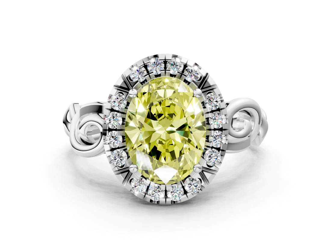 White gold Fancy Yellow Oval  Cut Halo Diamond Ring with Scrollwork Band and Four-Prong Setting_116