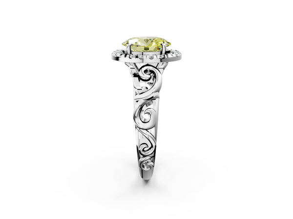 Platinum Fancy Yellow Oval  Cut Halo Diamond Ring with Scrollwork Band and Four-Prong Setting