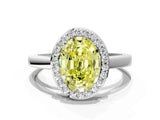 White gold Fancy Yellow Oval Cut Halo Diamond Ring with Solitaire Band and Prong Setting