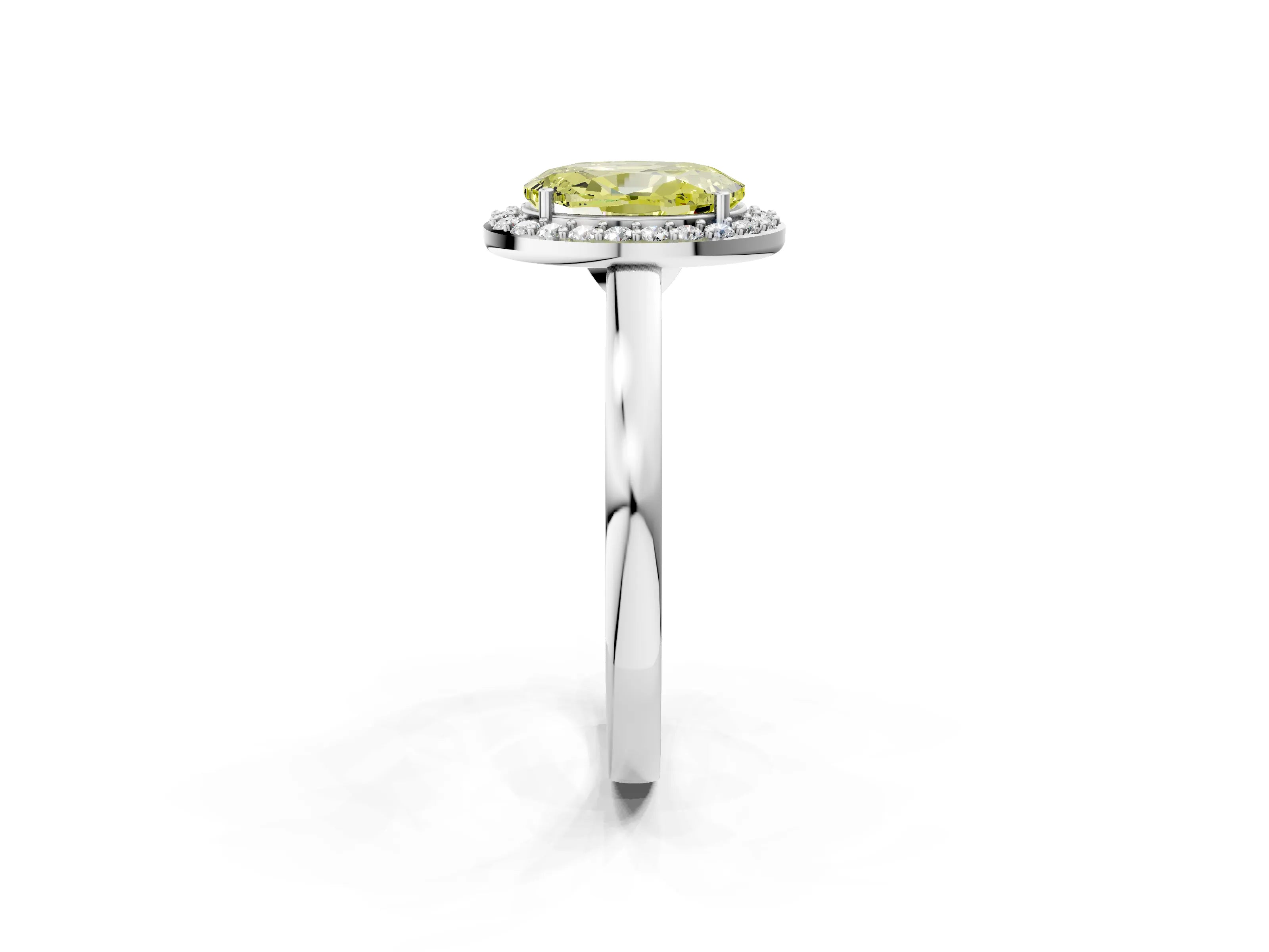 White gold Fancy Yellow Oval Cut Halo Diamond Ring with Solitaire Band and Prong Setting_2