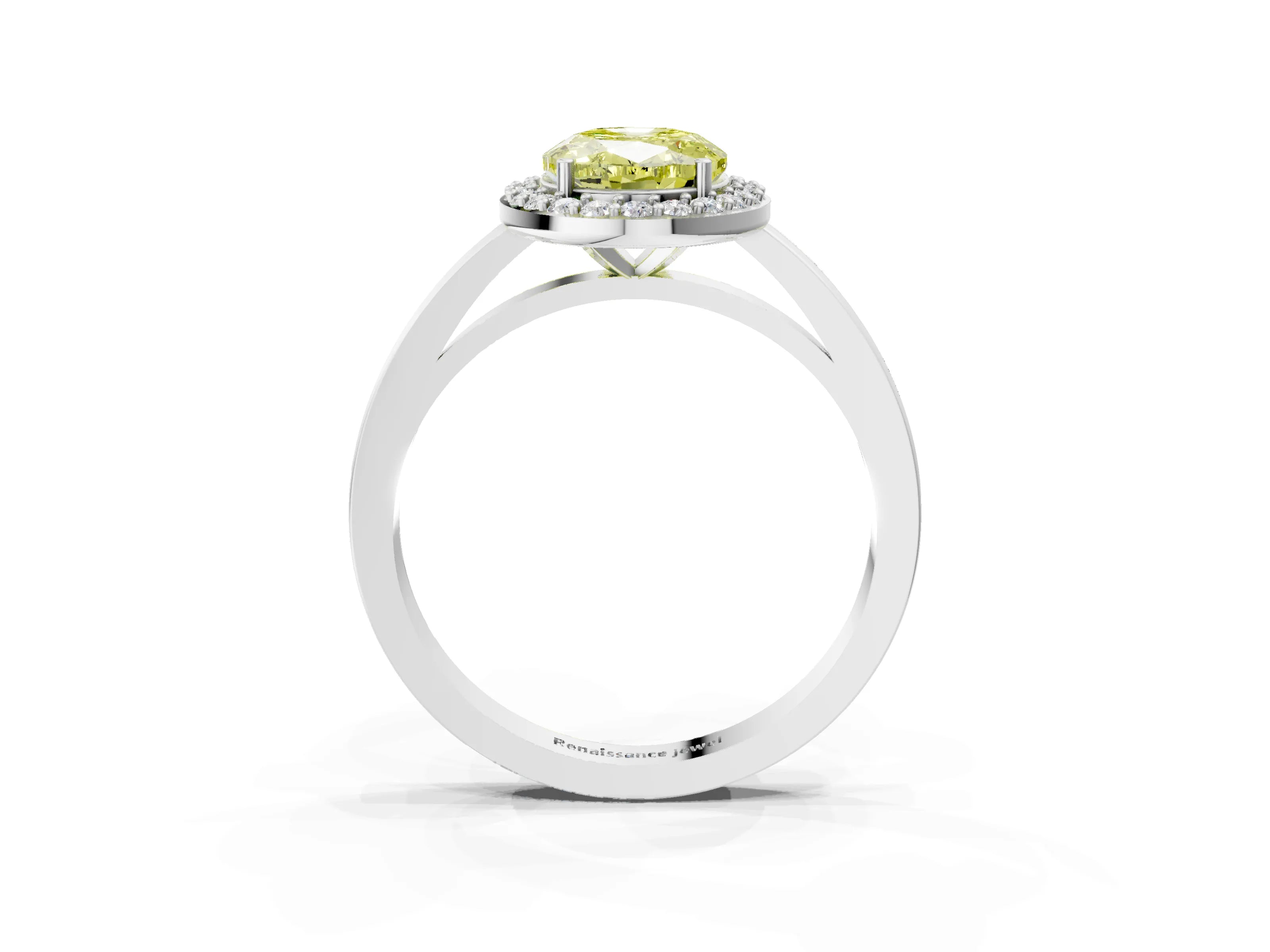 White gold Fancy Yellow Oval Cut Halo Diamond Ring with Solitaire Band and Prong Setting_3