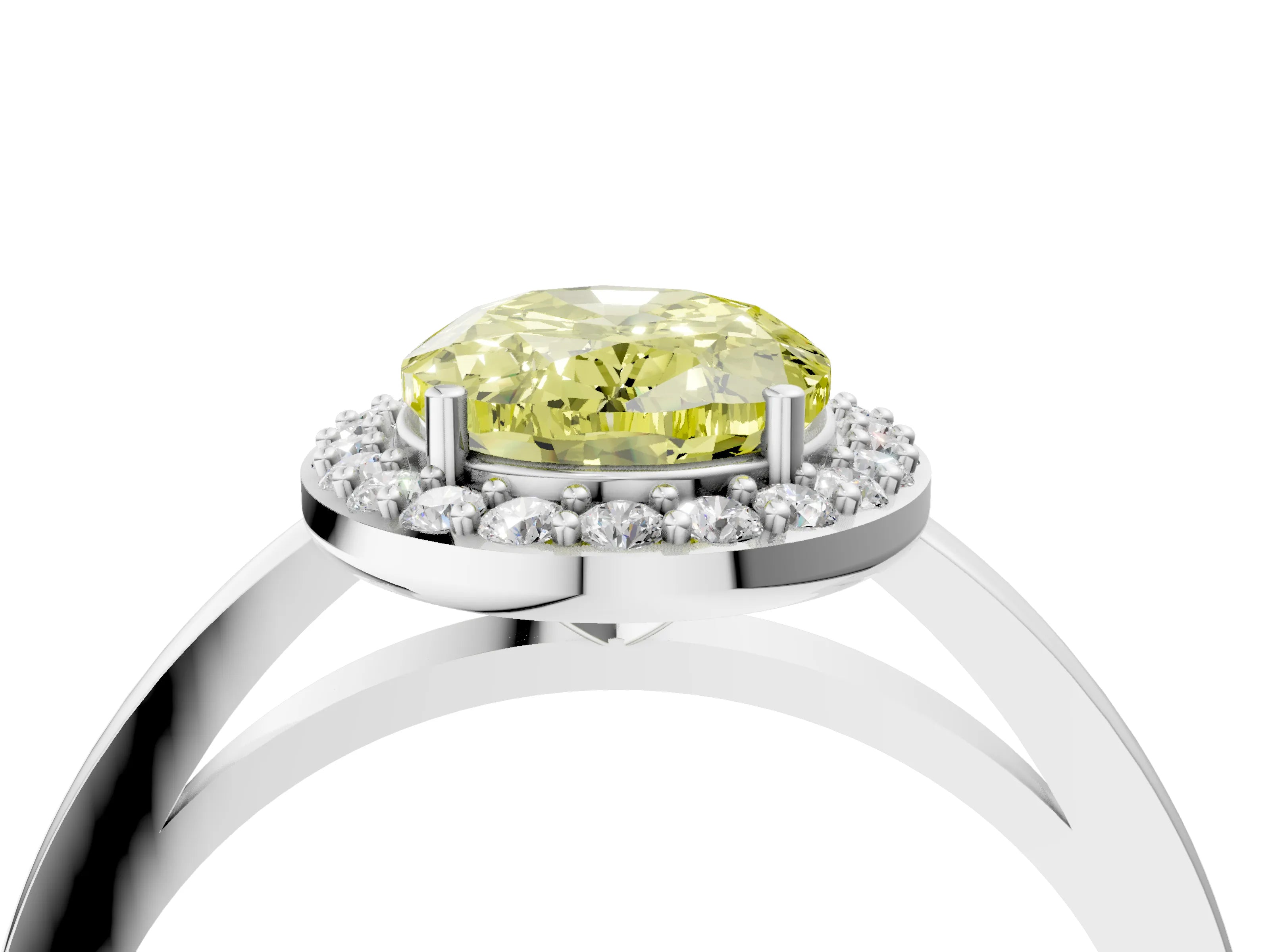 White gold Fancy Yellow Oval Cut Halo Diamond Ring with Solitaire Band and Prong Setting_4