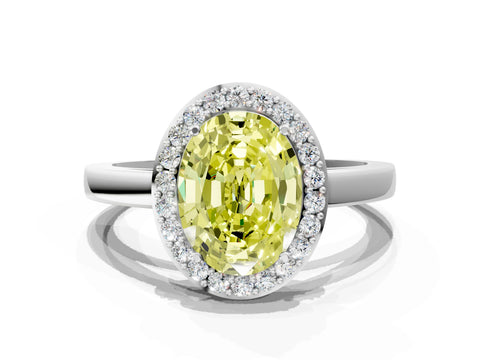 White gold Fancy Yellow Oval Cut Halo Diamond Ring with Solitaire Band and Prong Setting