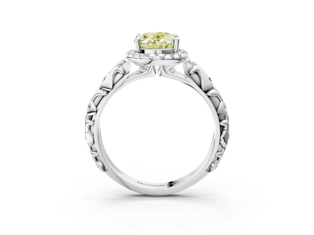White gold Fancy Yellow Oval Cut Halo Diamond Solitaire with Filigree Band and Four-Prong Setting_15