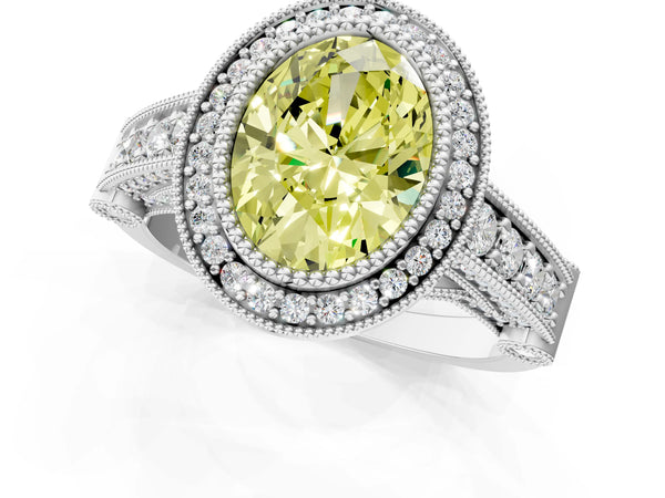 White Gold Oval Vintage Bezel Halo Engagement Ring Setting for Fancy Yellow Center