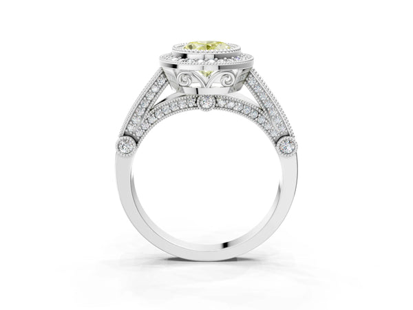 White Gold Oval Vintage Bezel Halo Engagement Ring Setting for Fancy Yellow Center