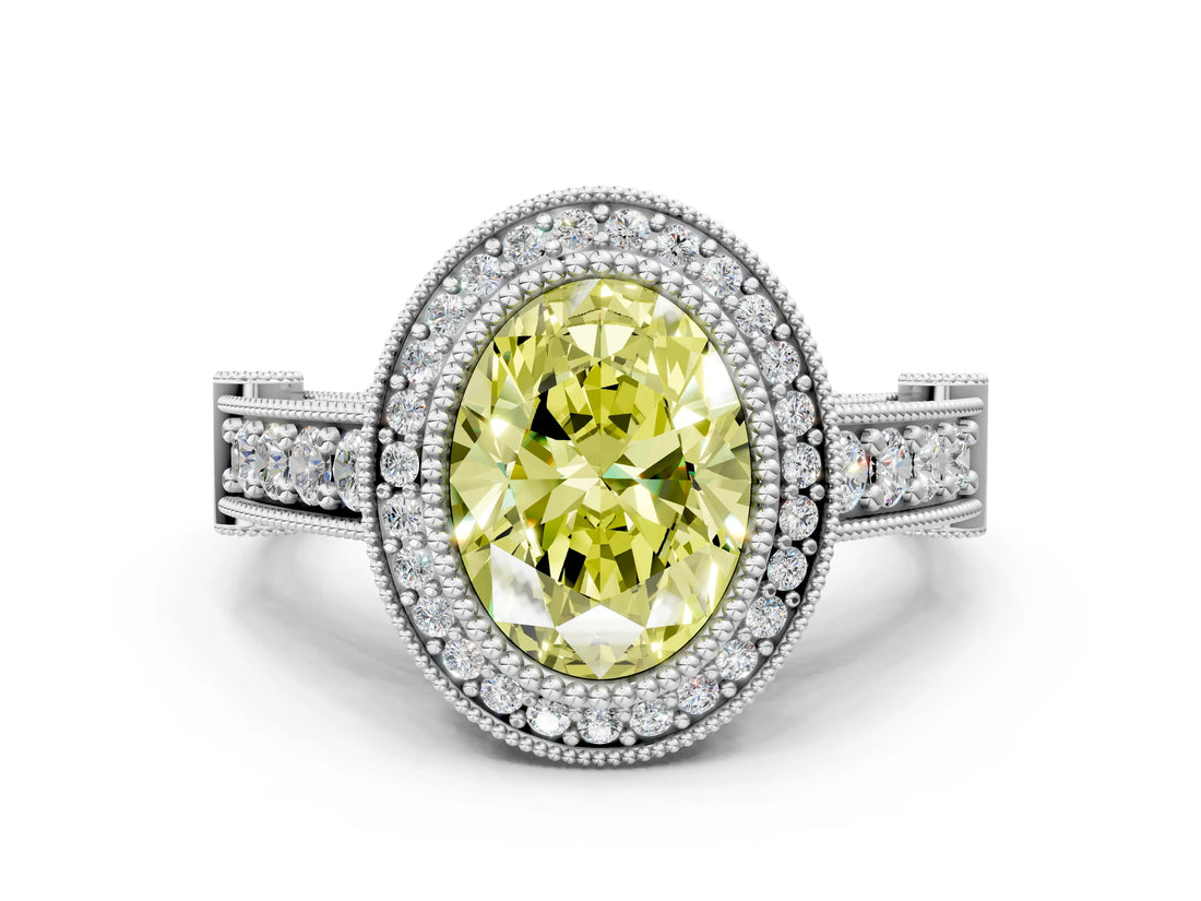 White gold Fancy Yellow Oval Cut Halo Diamond Split Shank Pave Ring