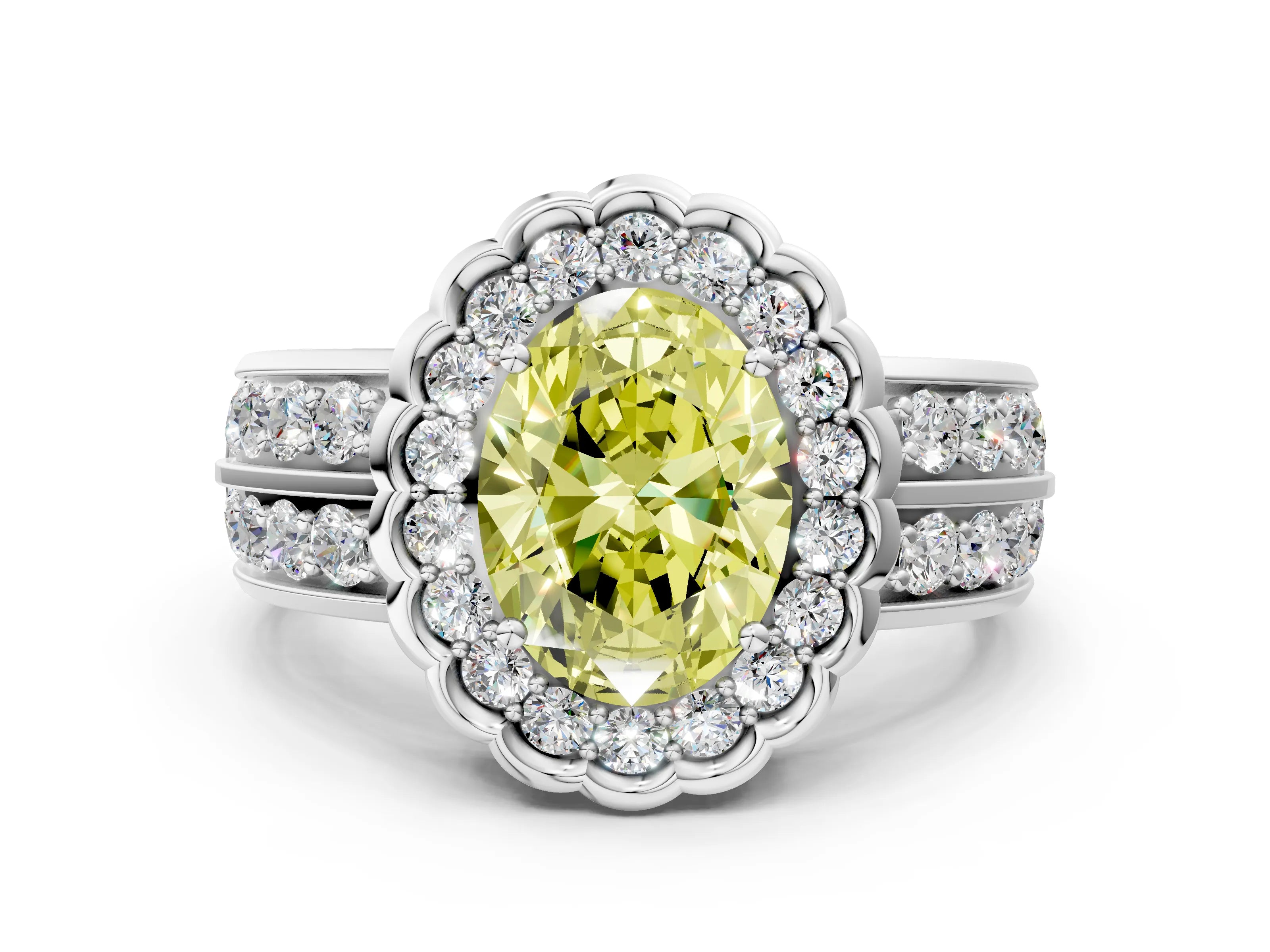 White gold Fancy Yellow Oval Cut Halo Diamond Split Shank Ring with Scalloped Prong Setting