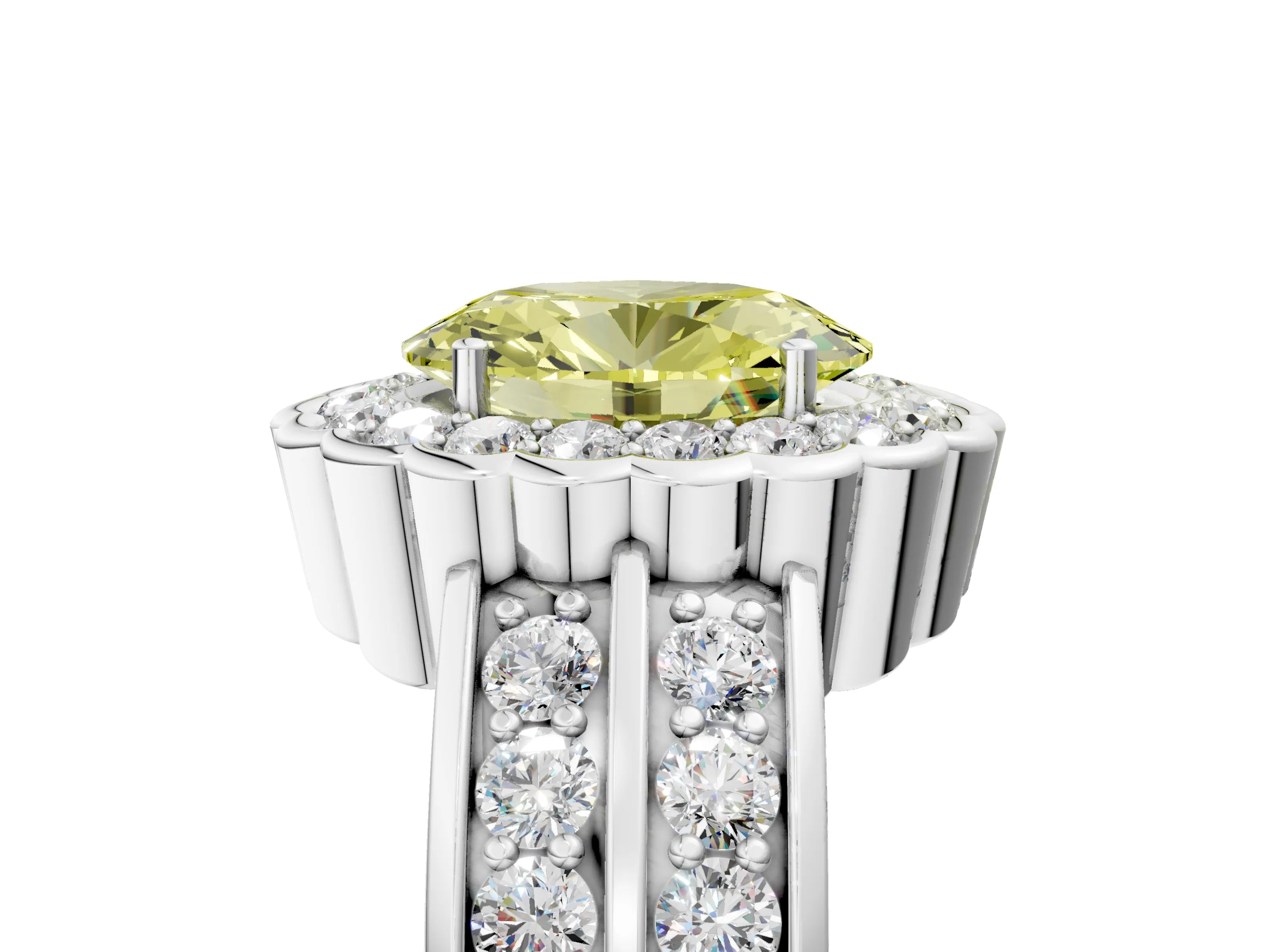 White gold Fancy Yellow Oval Cut Halo Diamond Split Shank Ring with Scalloped Prong Setting_11