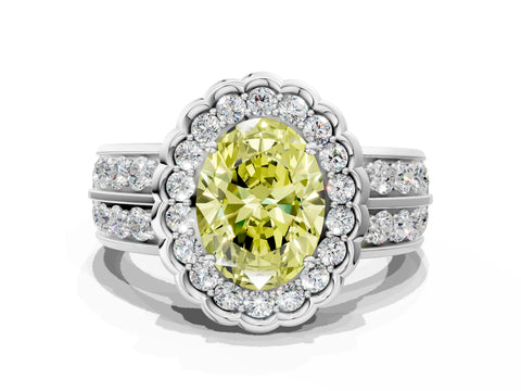 White gold Fancy Yellow Oval Cut Halo Diamond Split Shank Ring with Scalloped Prong Setting_12