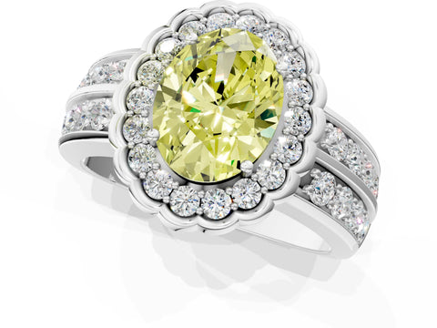 White gold Fancy Yellow Oval Cut Halo Diamond Split Shank Ring with Scalloped Prong Setting_13