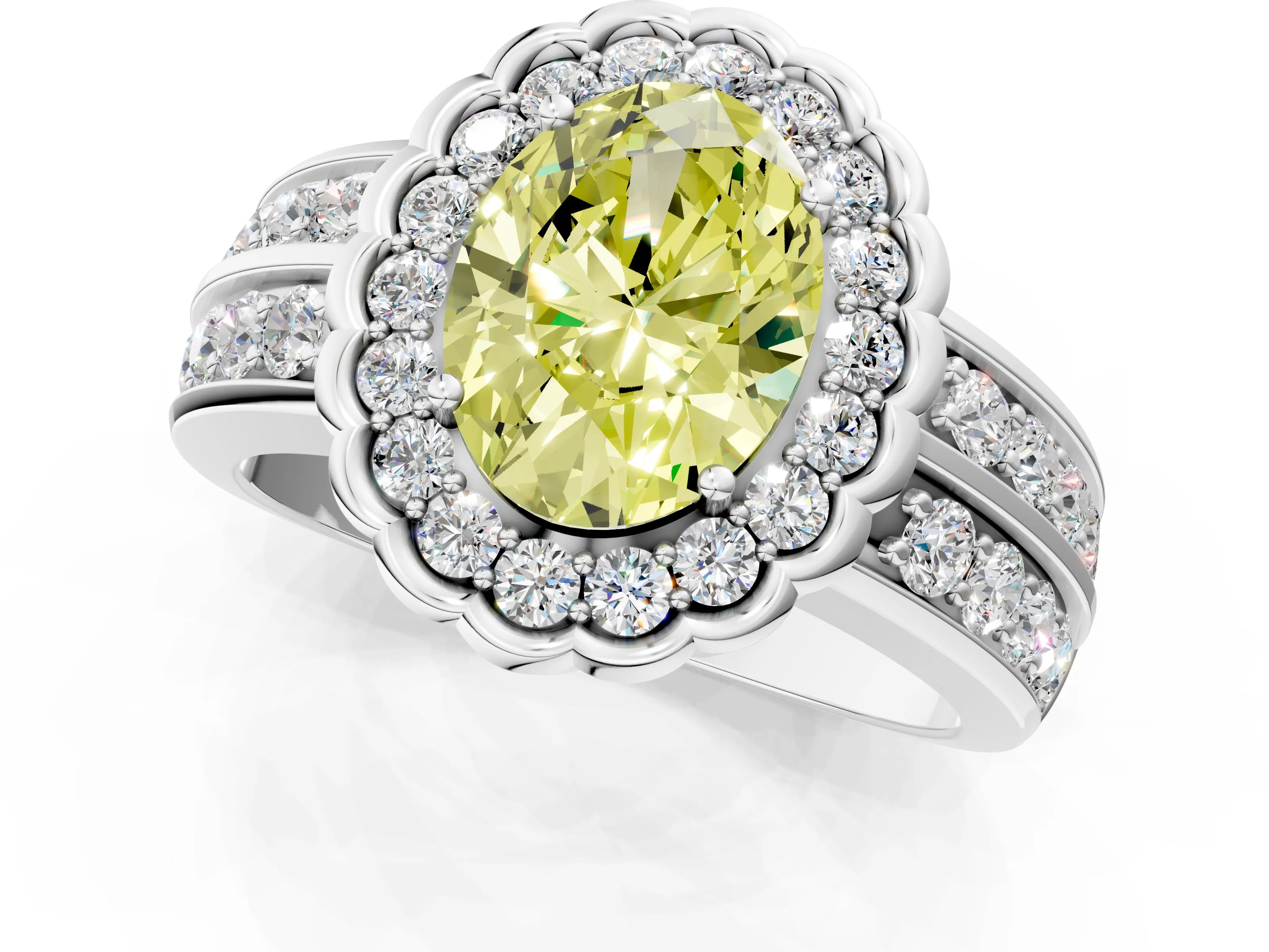 White gold Fancy Yellow Oval Cut Halo Diamond Split Shank Ring with Scalloped Prong Setting_1
