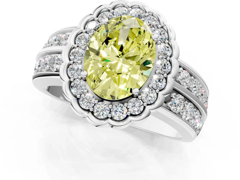 White gold Fancy Yellow Oval Cut Halo Diamond Split Shank Ring with Scalloped Prong Setting_1