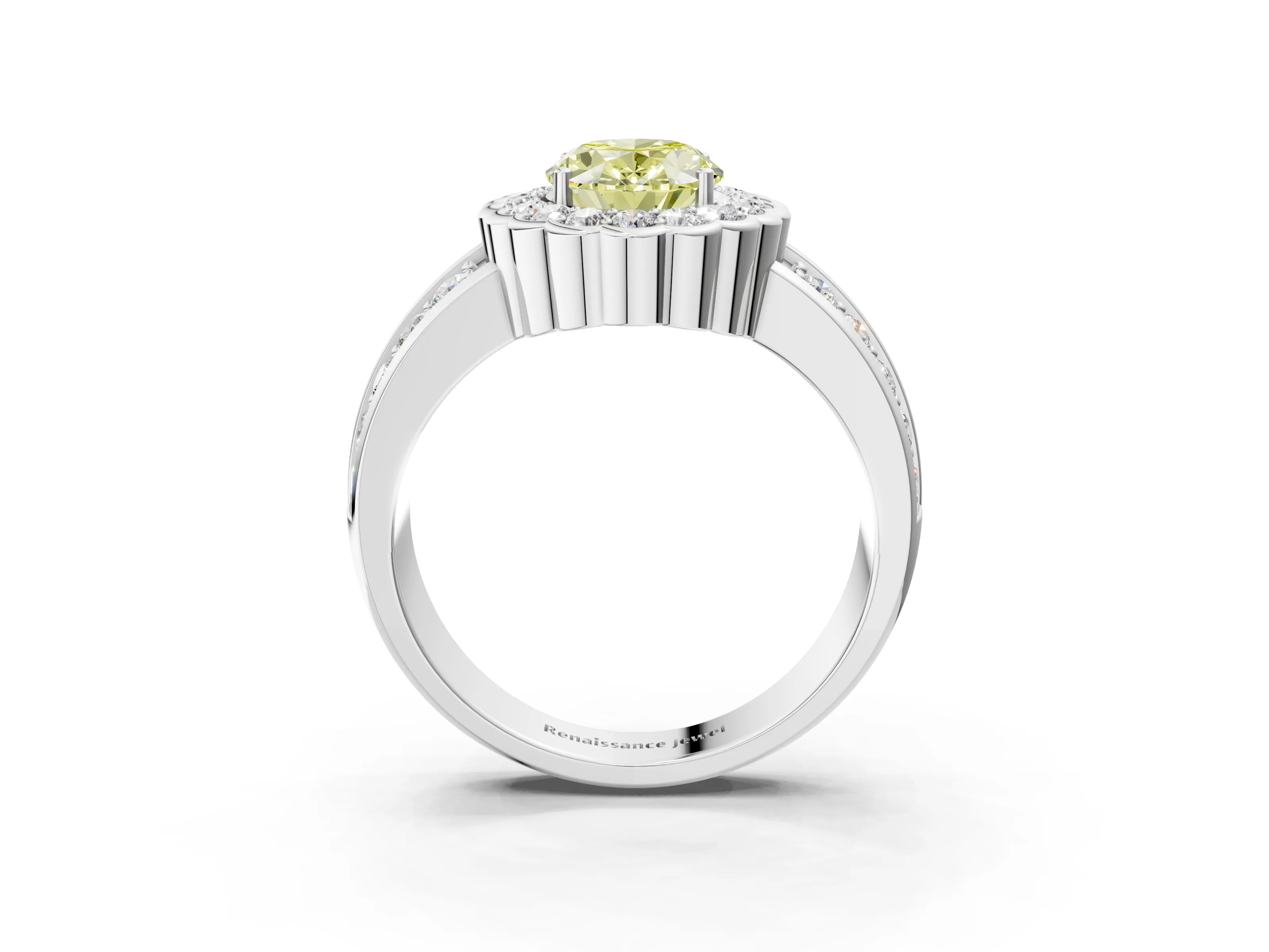 White gold Fancy Yellow Oval Cut Halo Diamond Split Shank Ring with Scalloped Prong Setting_3
