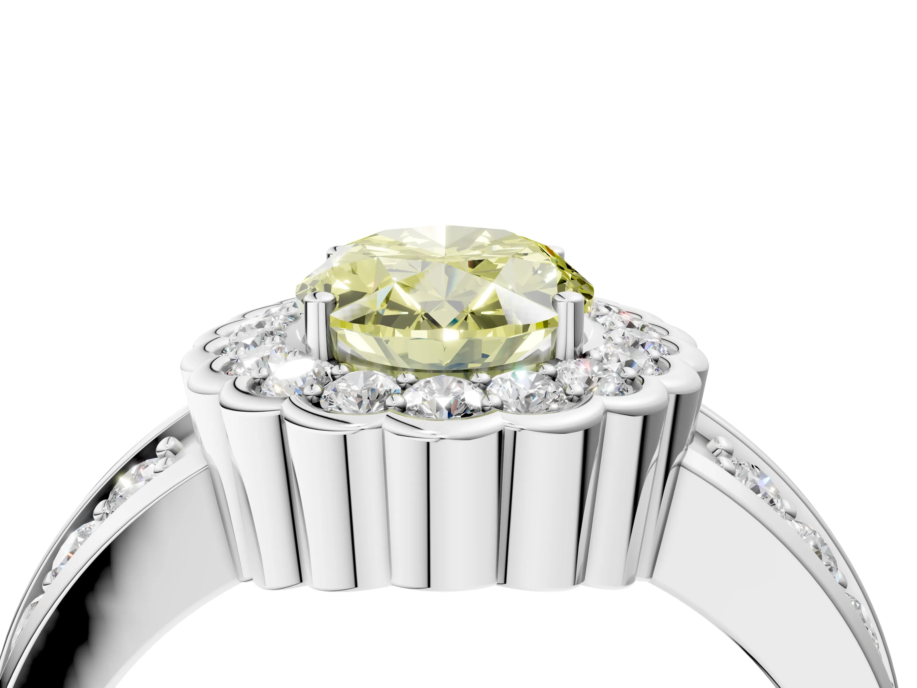 White gold Fancy Yellow Oval Cut Halo Diamond Split Shank Ring with Scalloped Prong Setting_4