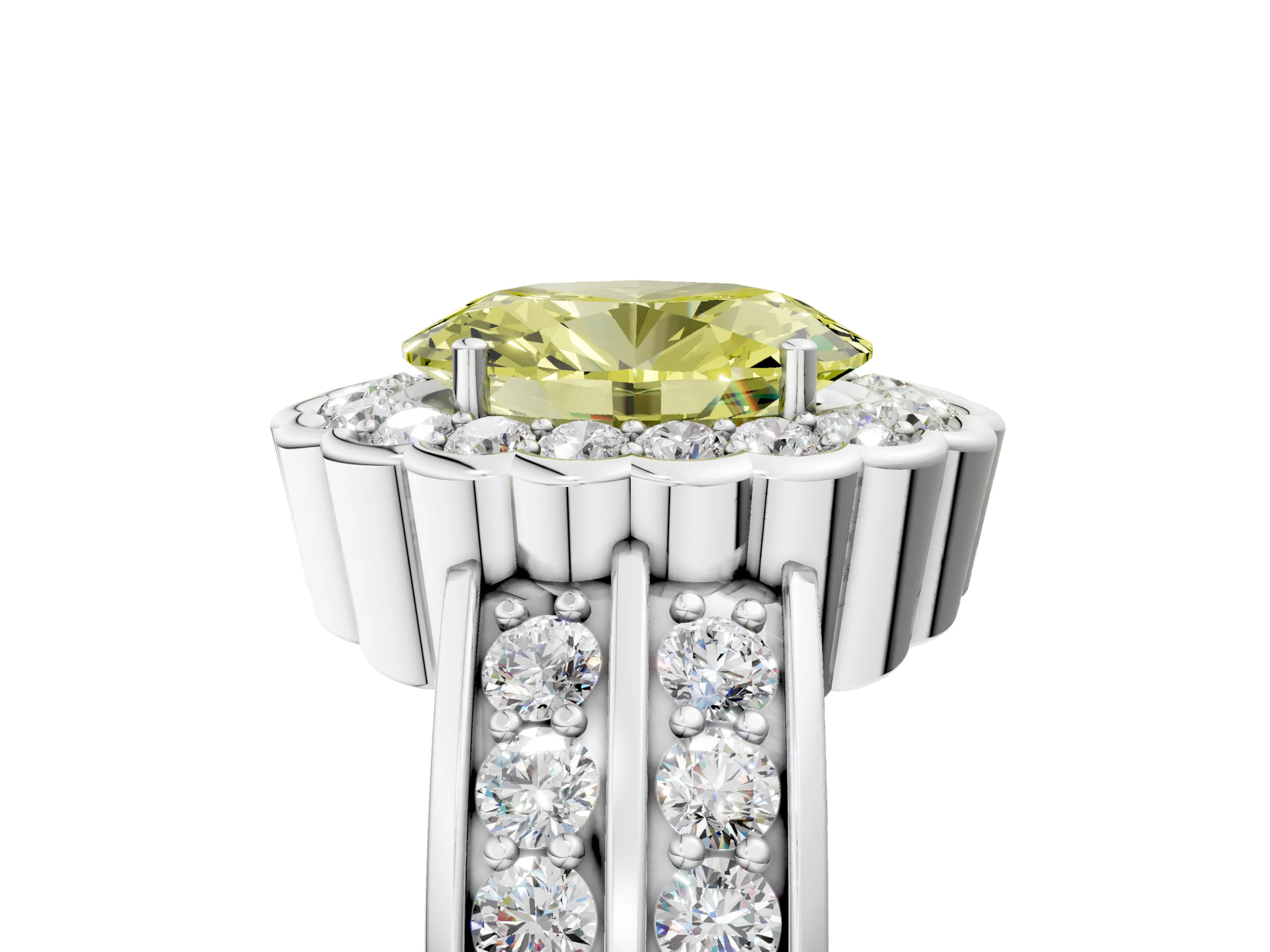 White gold Fancy Yellow Oval Cut Halo Diamond Split Shank Ring with Scalloped Prong Setting_5