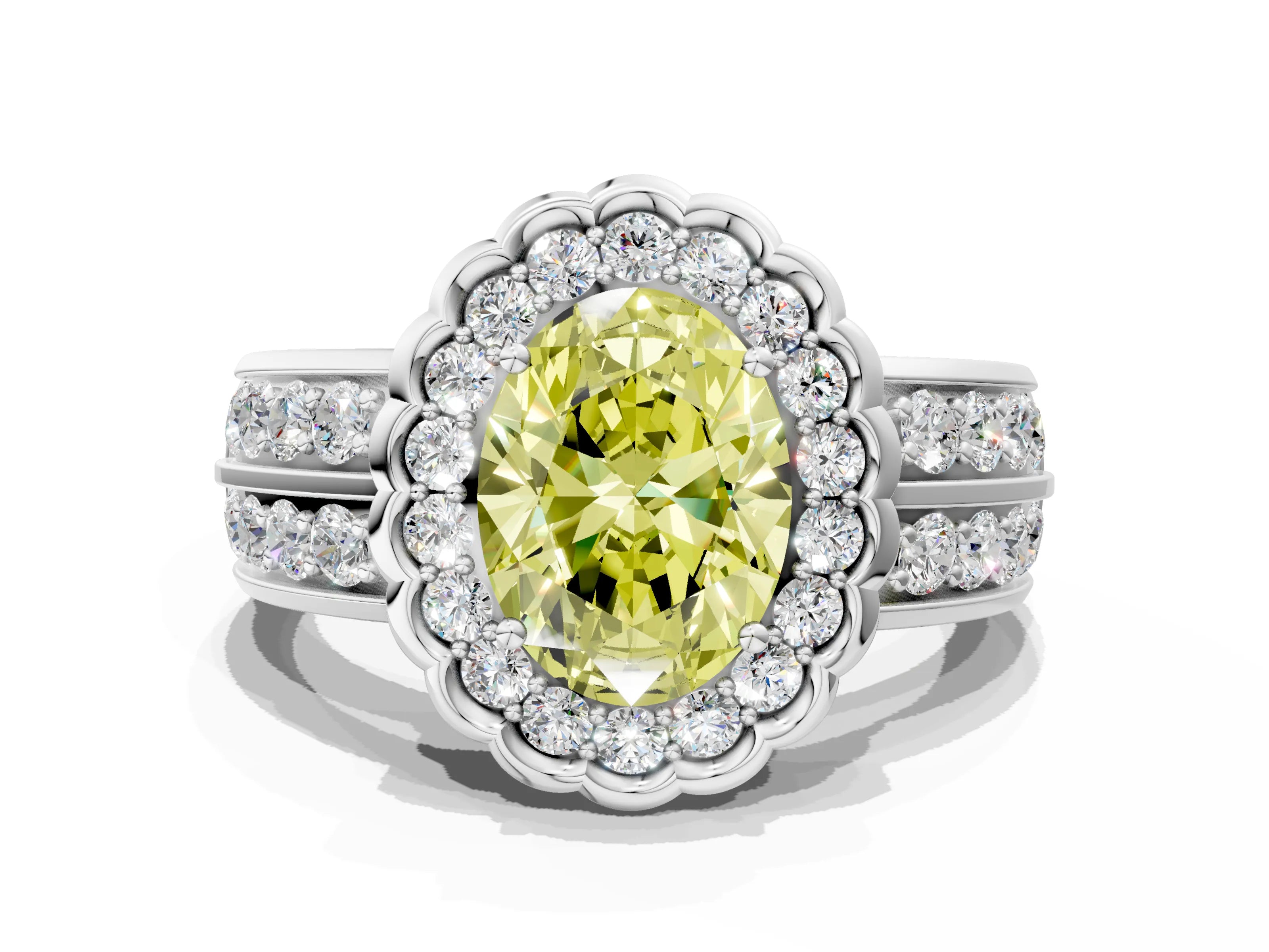 White gold Fancy Yellow Oval Cut Halo Diamond Split Shank Ring with Scalloped Prong Setting_6