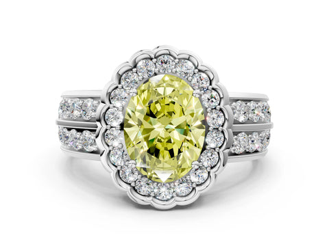 White gold Fancy Yellow Oval Cut Halo Diamond Split Shank Ring with Scalloped Prong Setting