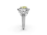 White gold Fancy Yellow Oval Cut Halo Milgrain Diamond Engagement Ring with Leaf Band and Four-Prong Setting_2
