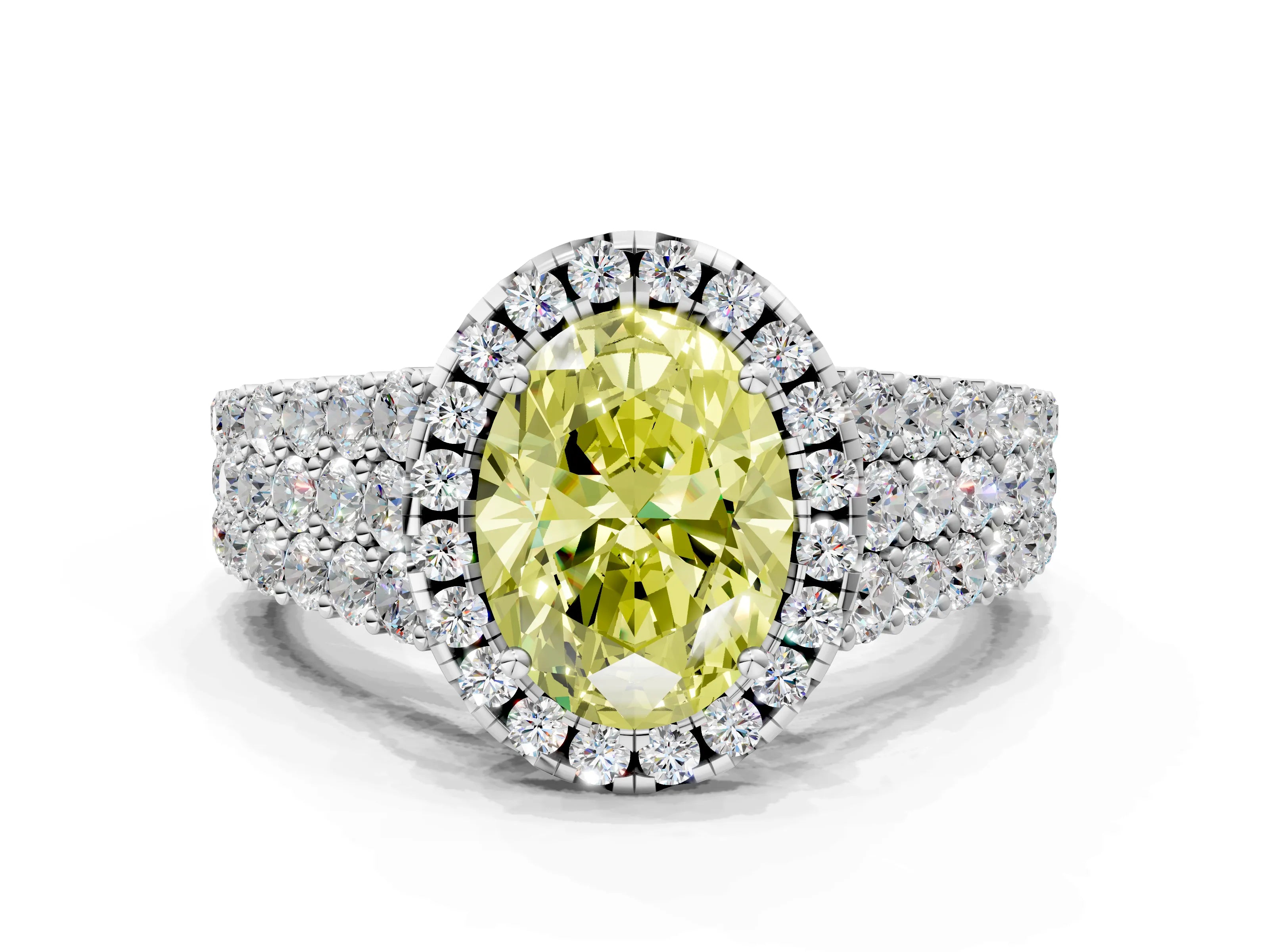 White gold Fancy Yellow Oval Cut Halo Pavé Diamond Engagement Ring with Split Shank and Four-Prong Setting_3