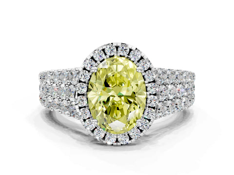 White gold Fancy Yellow Oval Cut Halo Pavé Diamond Engagement Ring with Split Shank and Four-Prong Setting_3