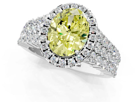 White gold Fancy Yellow Oval Cut Halo Pavé Diamond Engagement Ring with Split Shank and Four-Prong Setting_4