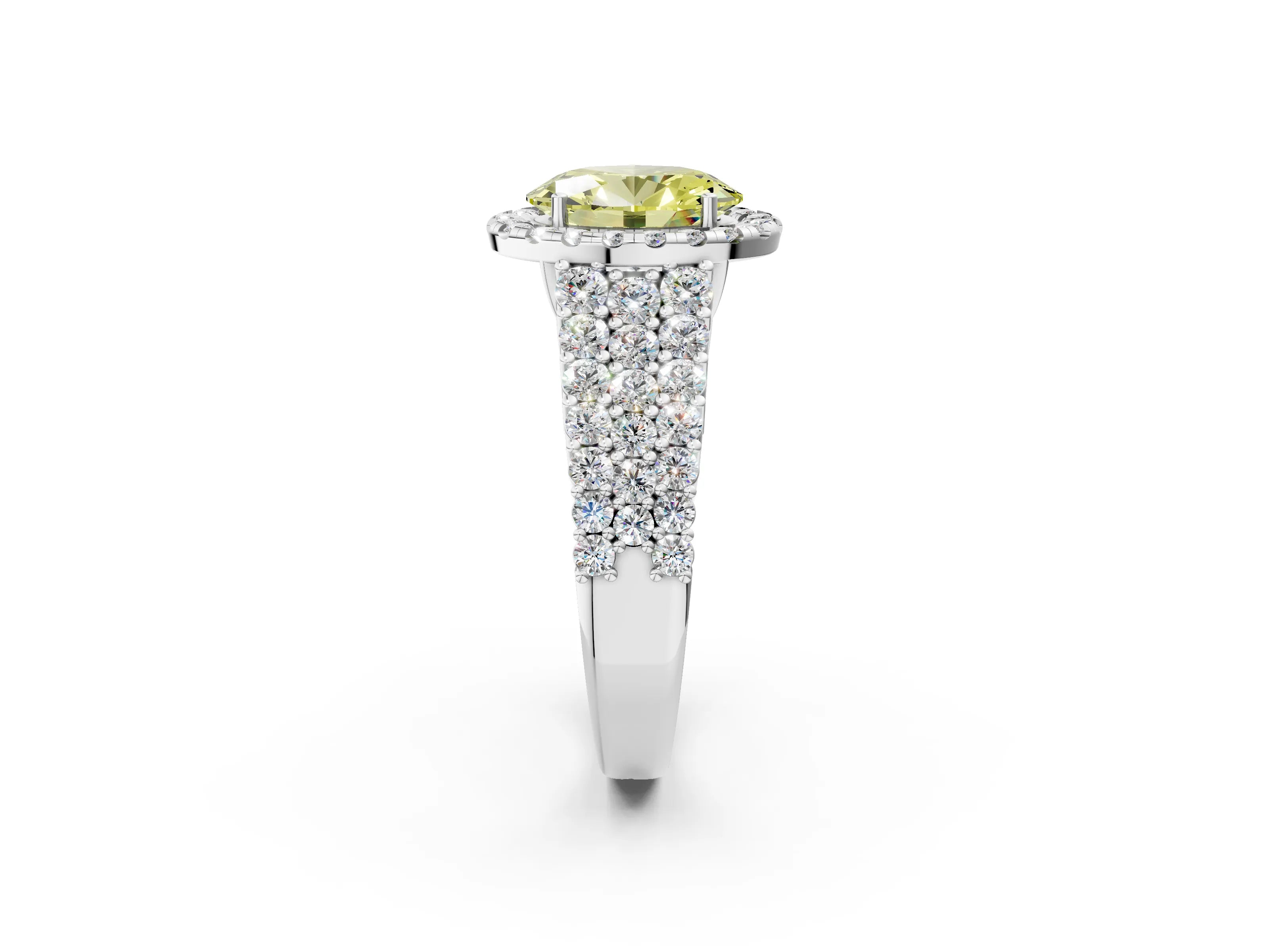 White gold Fancy Yellow Oval Cut Halo Pavé Diamond Engagement Ring with Split Shank and Four-Prong Setting_5