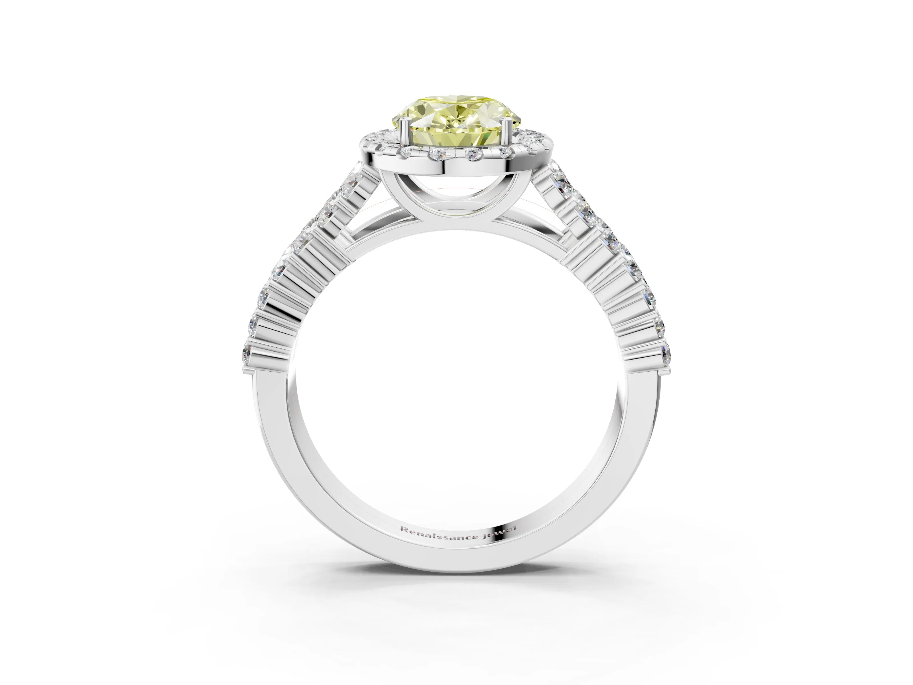 White gold Fancy Yellow Oval Cut Halo Pavé Diamond Engagement Ring with Split Shank and Four-Prong Setting_6