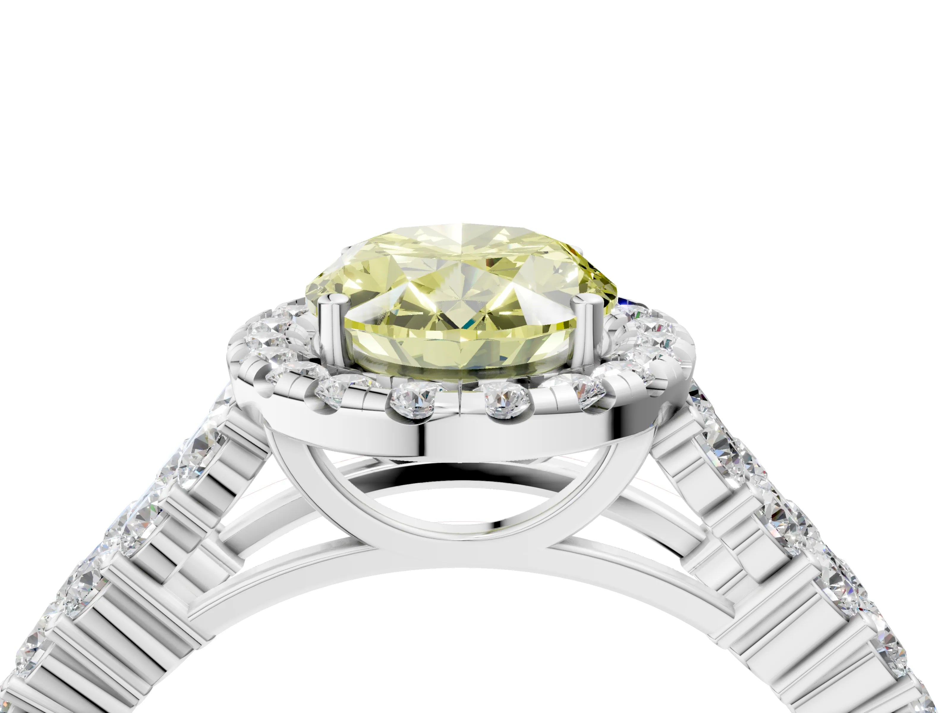 White gold Fancy Yellow Oval Cut Halo Pavé Diamond Engagement Ring with Split Shank and Four-Prong Setting_7