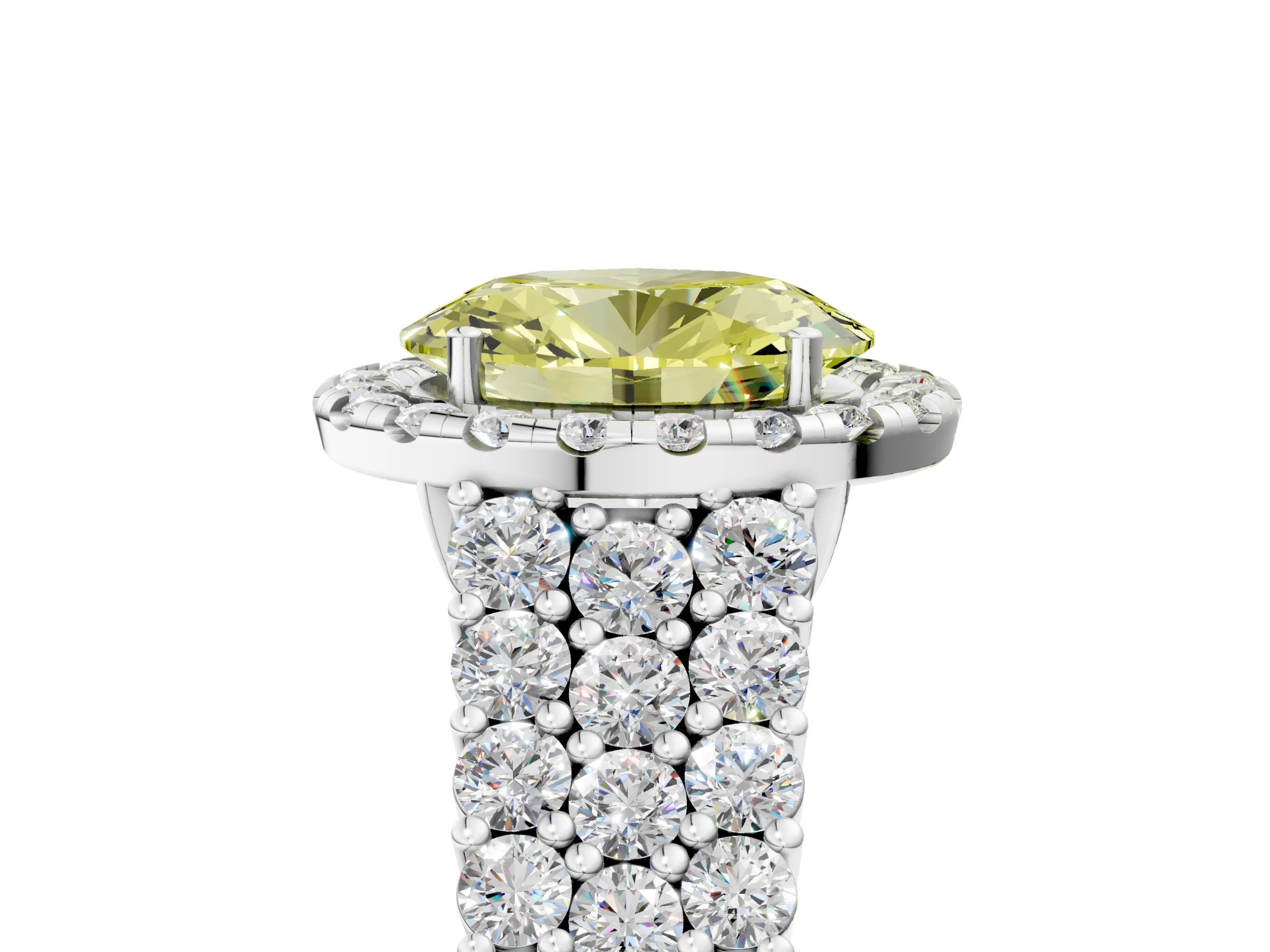White gold Fancy Yellow Oval Cut Halo Pavé Diamond Engagement Ring with Split Shank and Four-Prong Setting_8