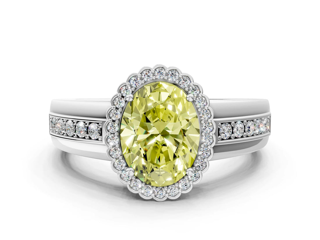 White gold Fancy Yellow Oval  Cut Halo Pave Band Four-Prong Ring_49