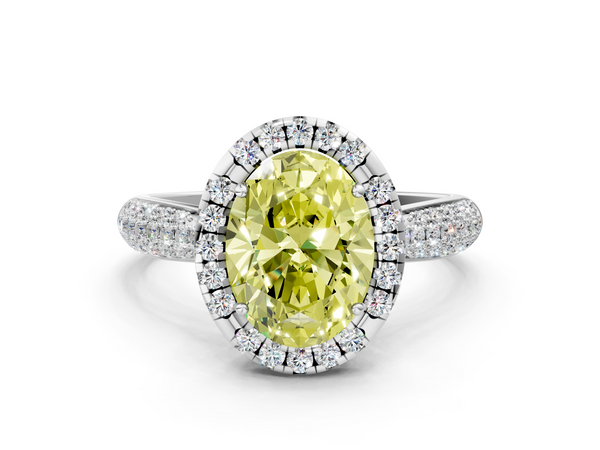 White gold Fancy Yellow Oval  Cut Halo Pave Band Four-Prong Setting Ring