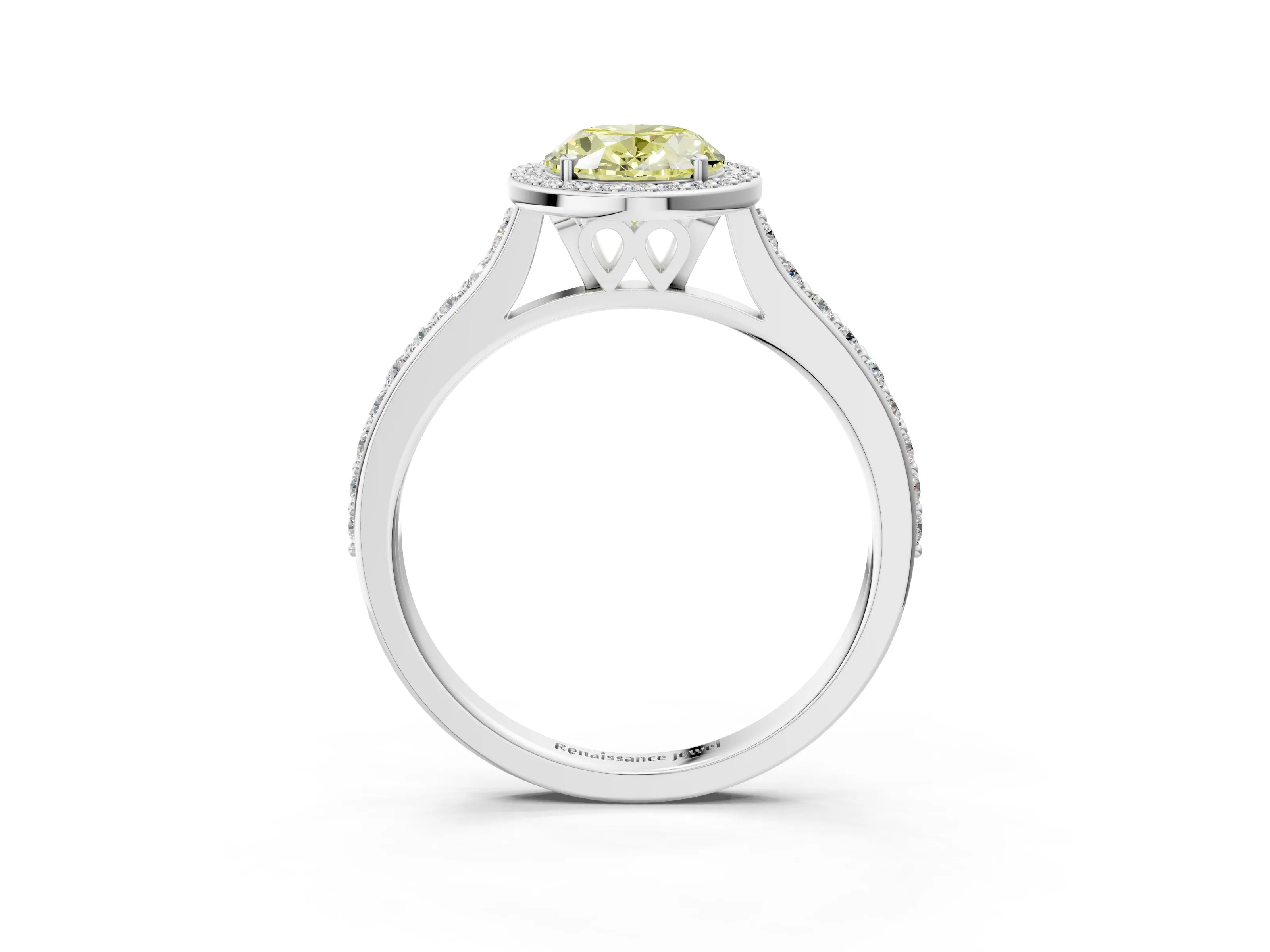 White gold Fancy Yellow Oval Cut Halo Round Diamond Pavé Band with Four-Prong Setting_30