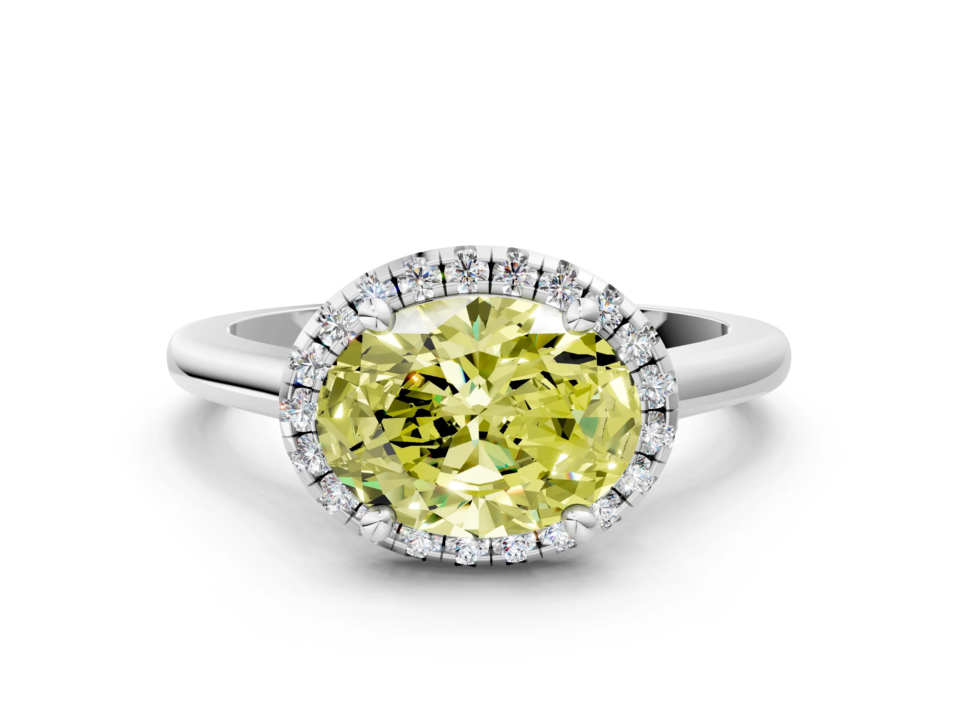 White gold Fancy Yellow Oval Cut Halo Round Diamond Solitaire Engagement Ring with Pave Band and Four-Prong Setting_24