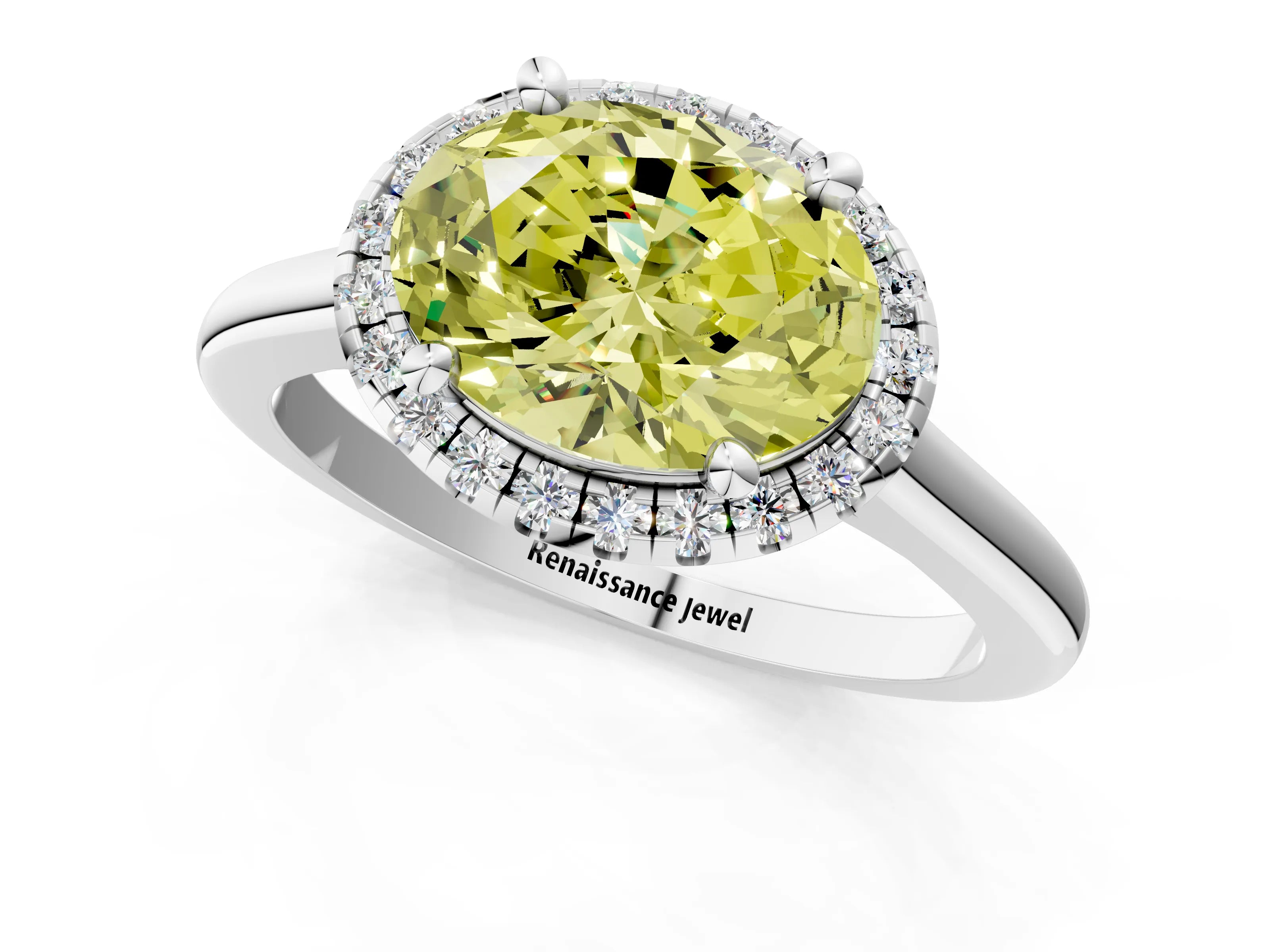 White gold Fancy Yellow Oval Cut Halo Round Diamond Solitaire Engagement Ring with Pave Band and Four-Prong Setting_25