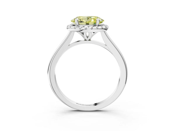 Platinum Fancy Yellow Oval Cut Halo Round Diamond Solitaire Engagement Ring with Pave Band and Four-Prong Setting