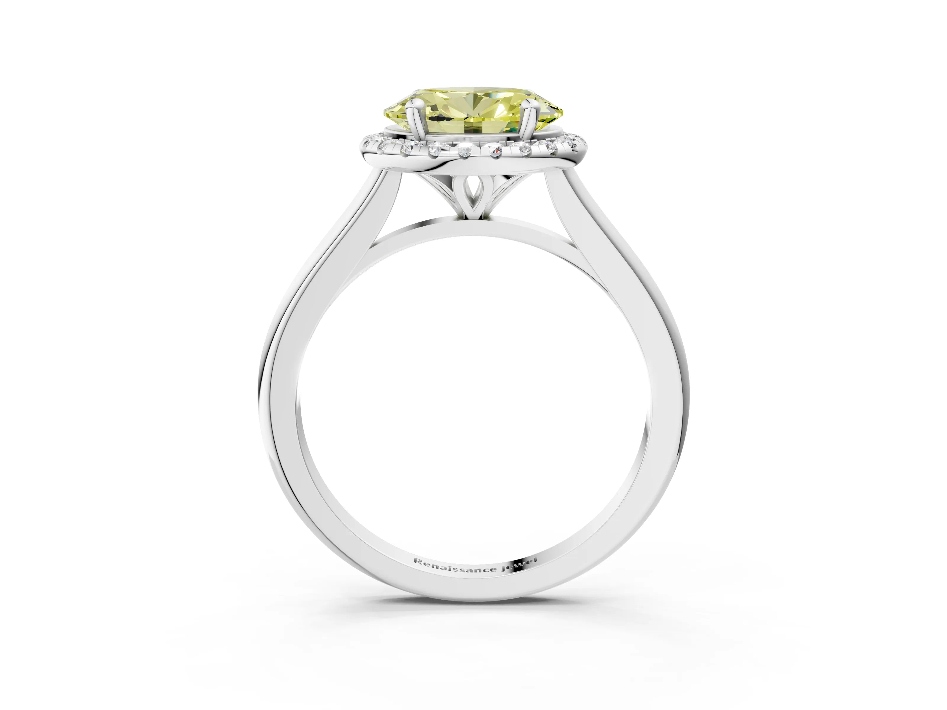 White gold Fancy Yellow Oval Cut Halo Round Diamond Solitaire Engagement Ring with Pave Band and Four-Prong Setting_27