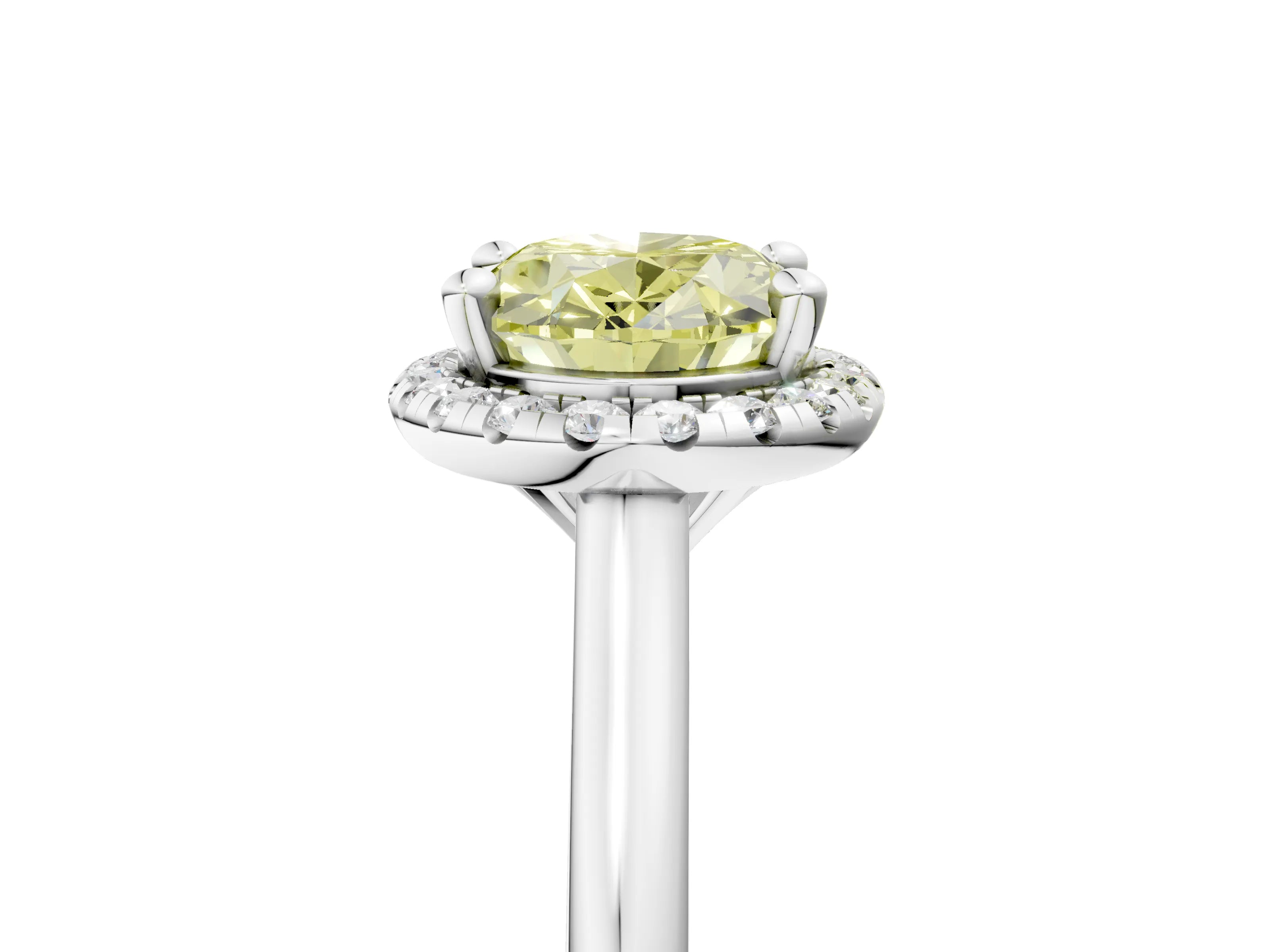 White gold Fancy Yellow Oval Cut Halo Round Diamond Solitaire Engagement Ring with Pave Band and Four-Prong Setting_29
