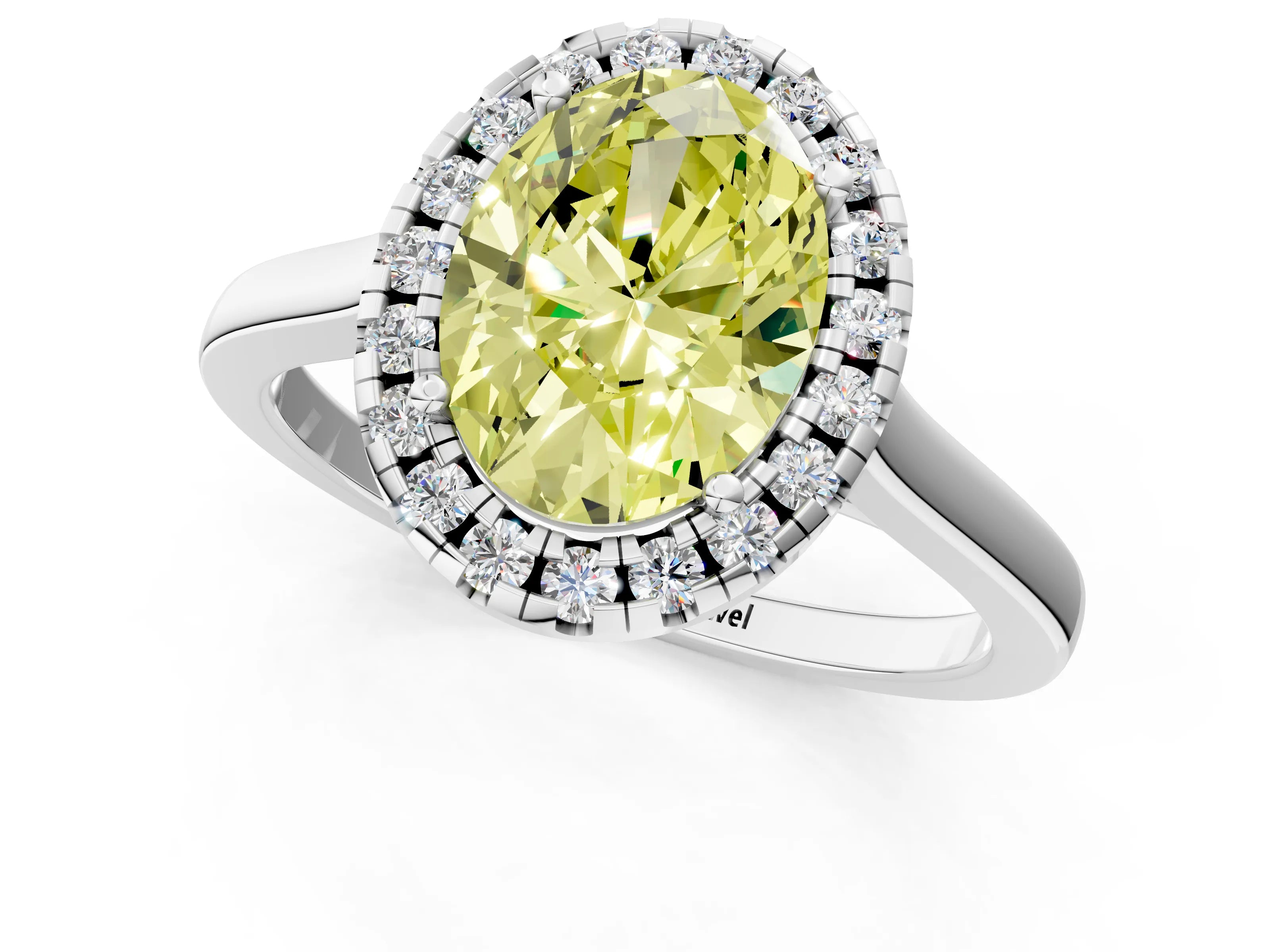 White gold Fancy Yellow Oval Cut Halo Round Diamond Solitaire Ring with Pavé Band and Four-Prong Setting_1