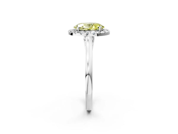 Platinum Fancy Yellow Oval Cut Halo Round Diamond Solitaire Ring with Pavé Band and Four-Prong Setting