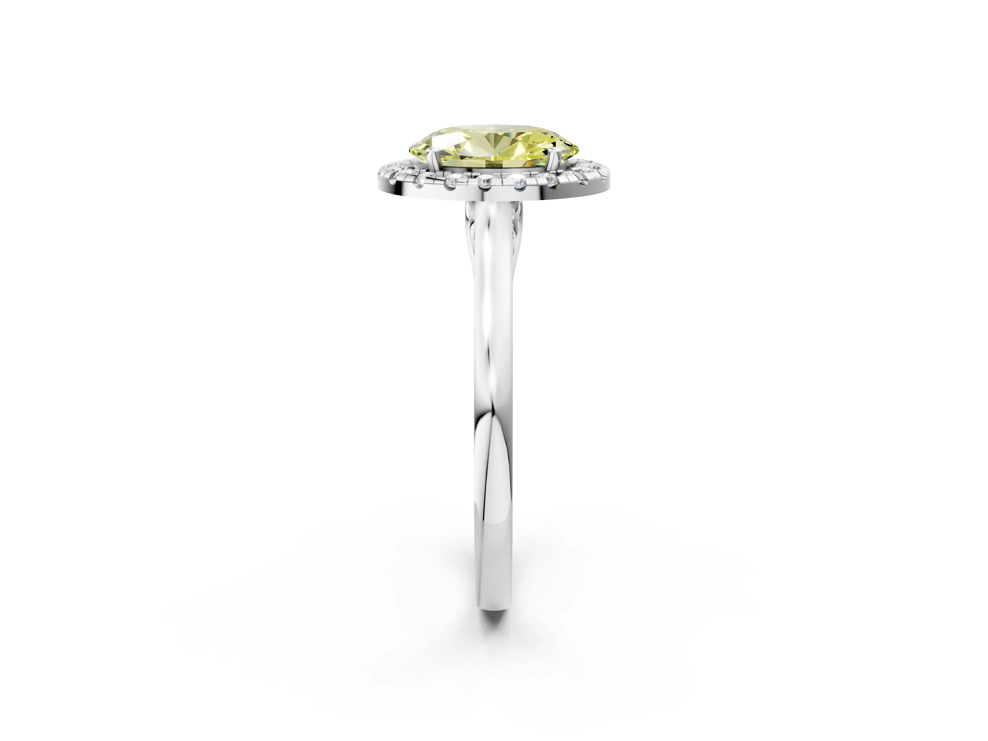 White gold Fancy Yellow Oval Cut Halo Round Diamond Solitaire Ring with Pavé Band and Four-Prong Setting_2
