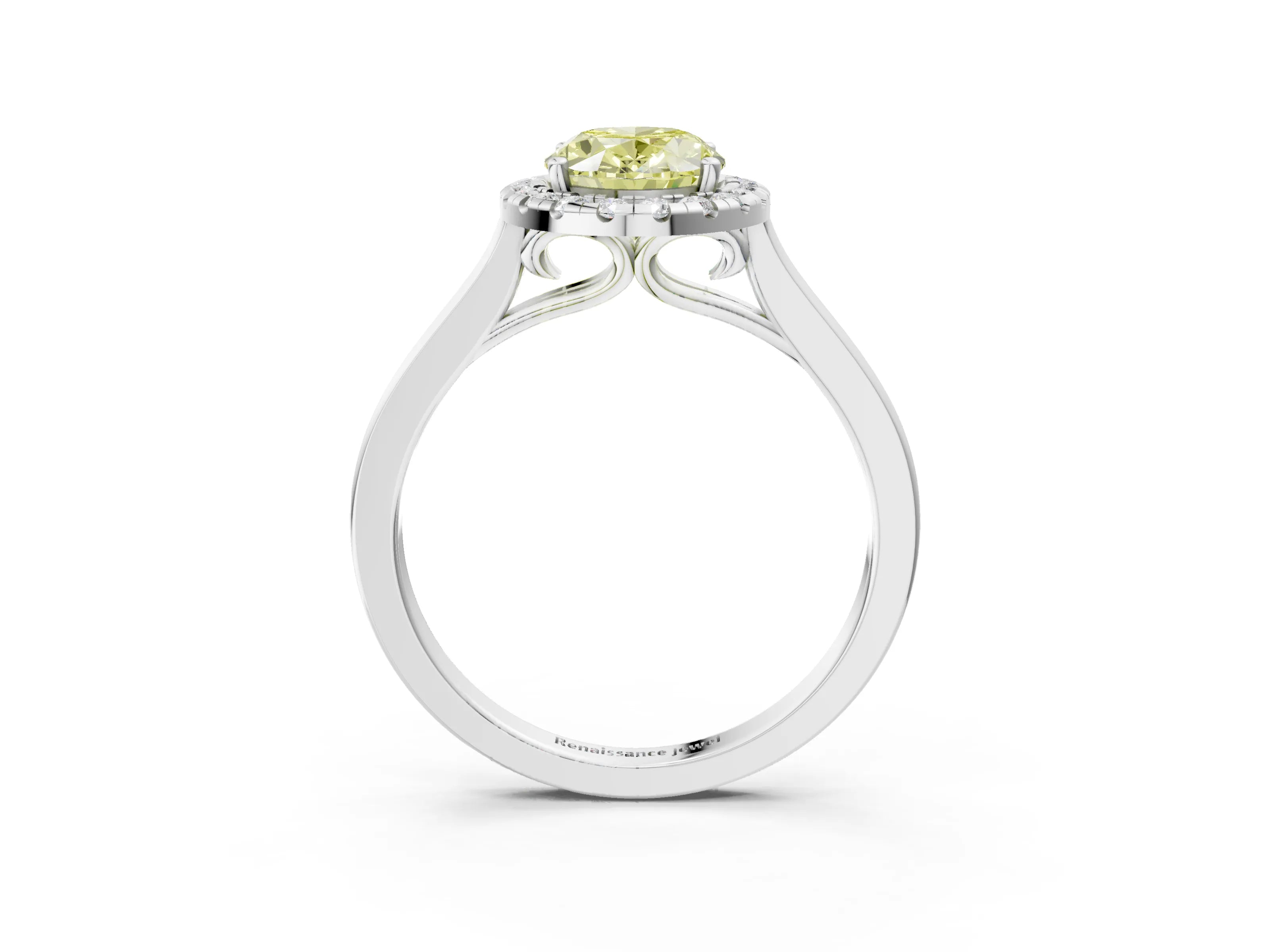 White gold Fancy Yellow Oval Cut Halo Round Diamond Solitaire Ring with Pavé Band and Four-Prong Setting_3