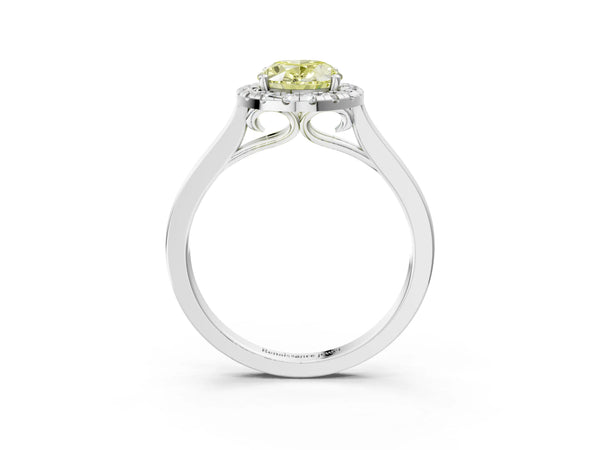 Platinum Fancy Yellow Oval Cut Halo Round Diamond Solitaire Ring with Pavé Band and Four-Prong Setting
