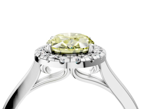 White gold Fancy Yellow Oval Cut Halo Round Diamond Solitaire Ring with Pavé Band and Four-Prong Setting_4