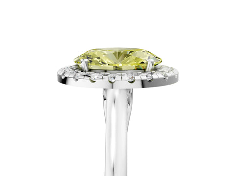 White gold Fancy Yellow Oval Cut Halo Round Diamond Solitaire Ring with Pavé Band and Four-Prong Setting_5