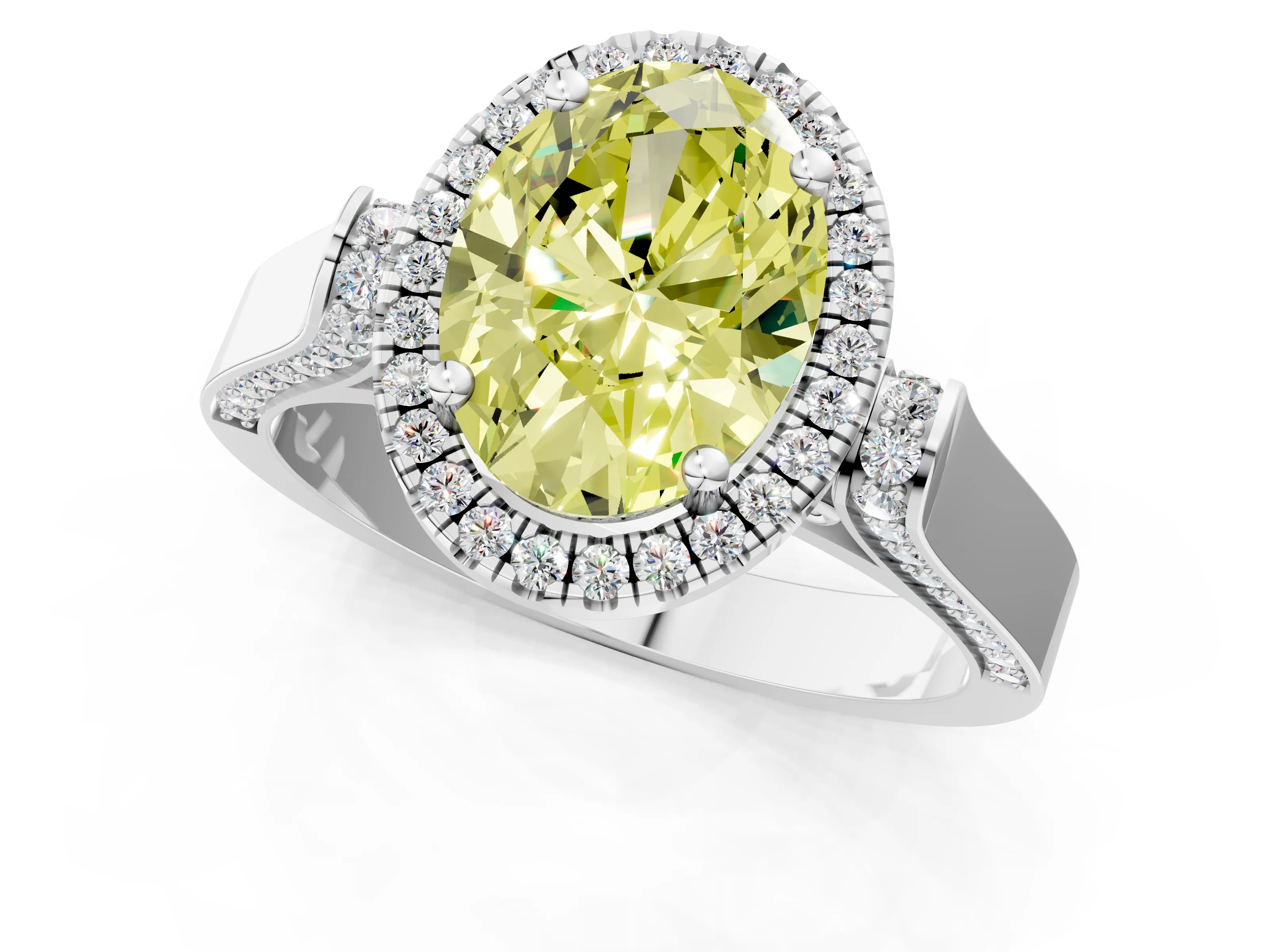 White gold Fancy Yellow Oval Cut Halo Round Diamond Twist Band with Four-Prong Setting_1